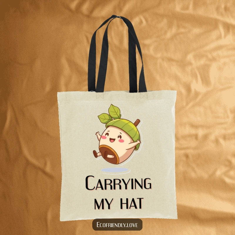 Funny tote bag depicting a happy acorn character doing a cartwheel, wearing a leaf hat.