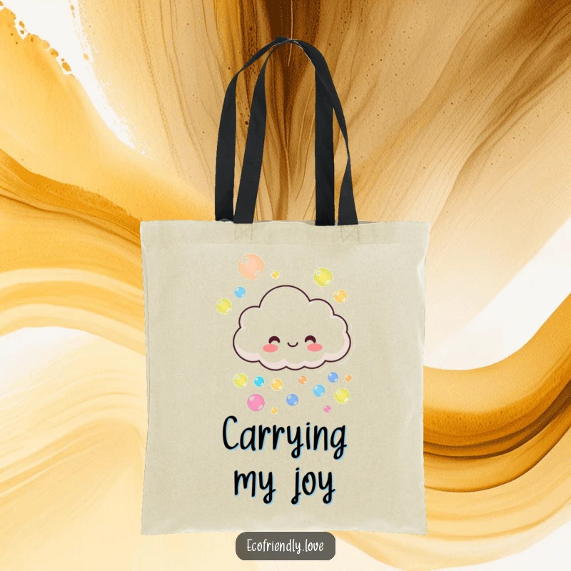 Funny cloud tote bag showing a smiling character playfully raining colorful bubbles, a practical funny gift.