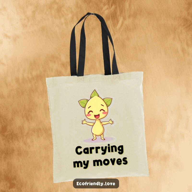 Funny tote bag showcasing a happy sprout character doing an excited dance, symbolizing joy, growth, and infectious positive energy.