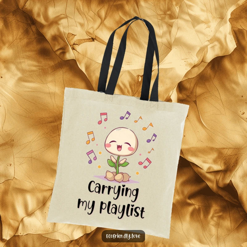 Funny singing seedling tote bag with musical notes, eyes closed in delight, perfect for carrying essentials, a fun funny gift.