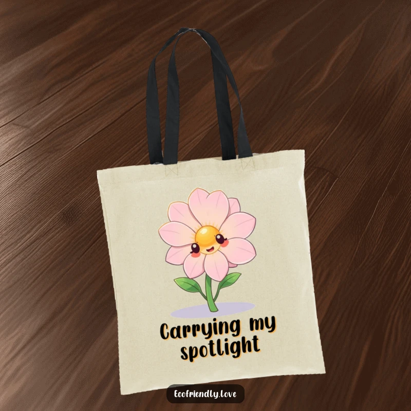 Funny kawaii flower dramatically posing under a spotlight on a tote bag, a humorous accessory for style.