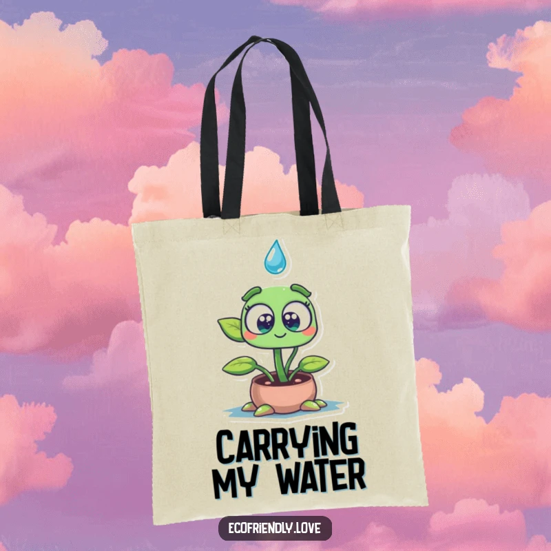 Funny tote bag featuring a plant seedling character with wide, amazed eyes, drinking a large water drop, perfect for carrying gardening supplies or daily items.