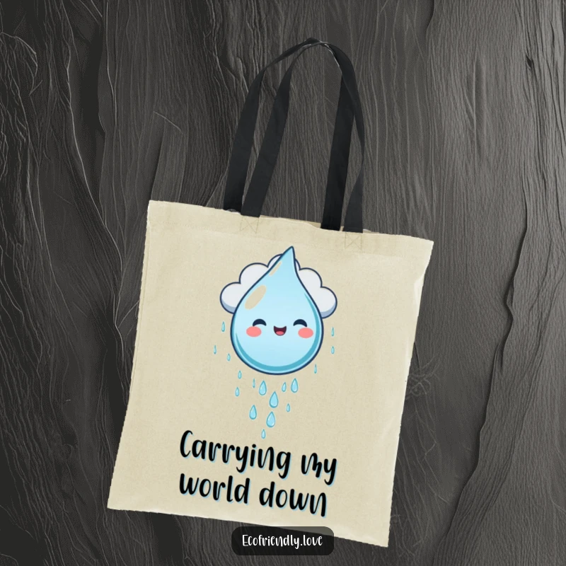 Funny water droplet character gleefully sliding down a rain cloud, depicted on a durable and humorous tote bag.