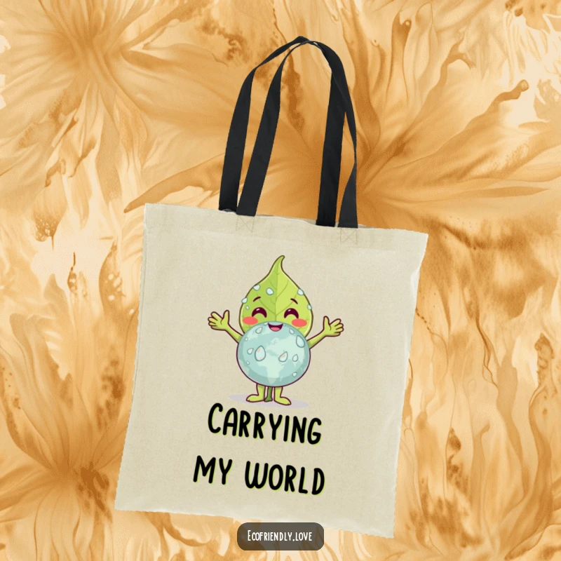 Funny leaf tote bag with a smiling leaf character embracing a dew-covered globe, promoting environmental awareness and gentle care for our planet.