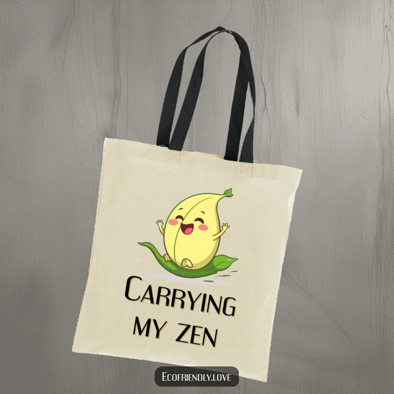 Funny tote bag featuring a cheerful leaf character determinedly rolling down a hill, perfect for carrying your happy essentials.