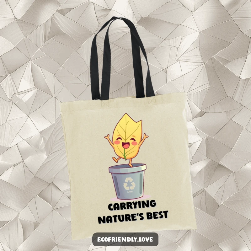 Funny leaf tote bag showing a cheerful leaf character joyfully leaping over a recycling bin, a practical funny gift.