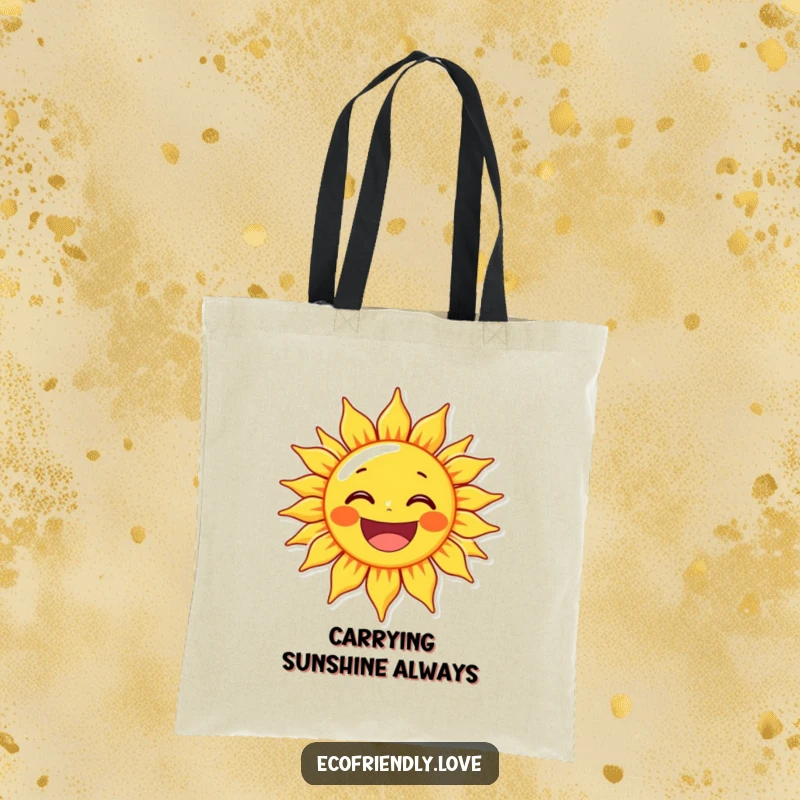Funny sun character with a wide, delighted grin, printed on a durable and humorous tote bag for daily cheer.