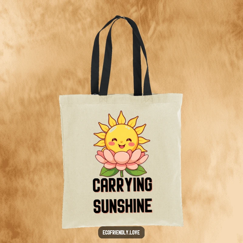 Funny smiling sun tote bag featuring a cheerful cartoon sun beaming on a blooming flower, perfect for carrying essentials with warmth.