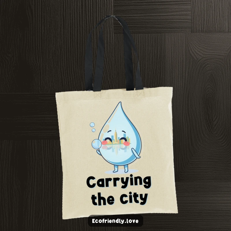Funny water droplet character blowing a bubble reflecting a tiny cityscape, printed on a stylish and funny tote bag.
