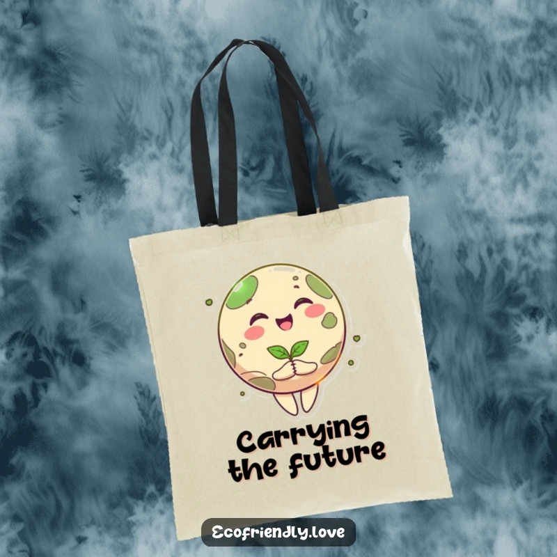 Funny planet tote bag showcasing a cheerful cartoon Earth spinning with excitement, holding a green seedling, perfect for eco-friendly shopping.