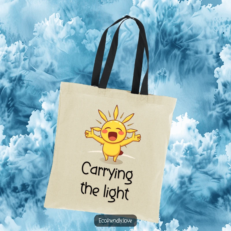 Funny tote bag illustrating a cheerful sun character stretching its rays like arms in a big yawn, embodying morning relaxation.