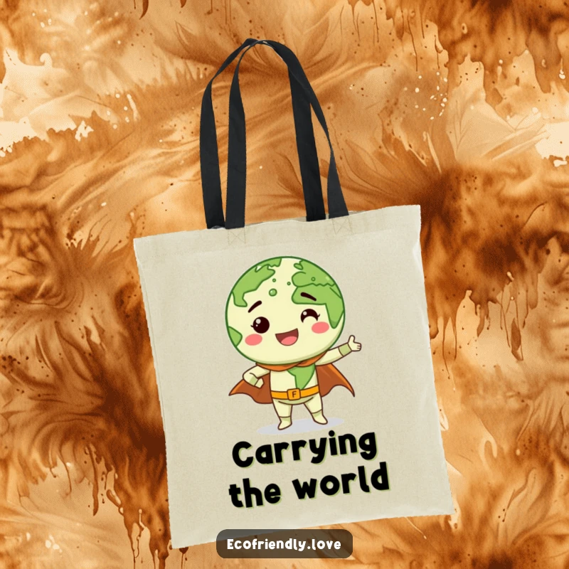Funny Earth character with a wide grin striking a superhero pose, cape flowing dramatically, printed on a stylish and funny tote bag.