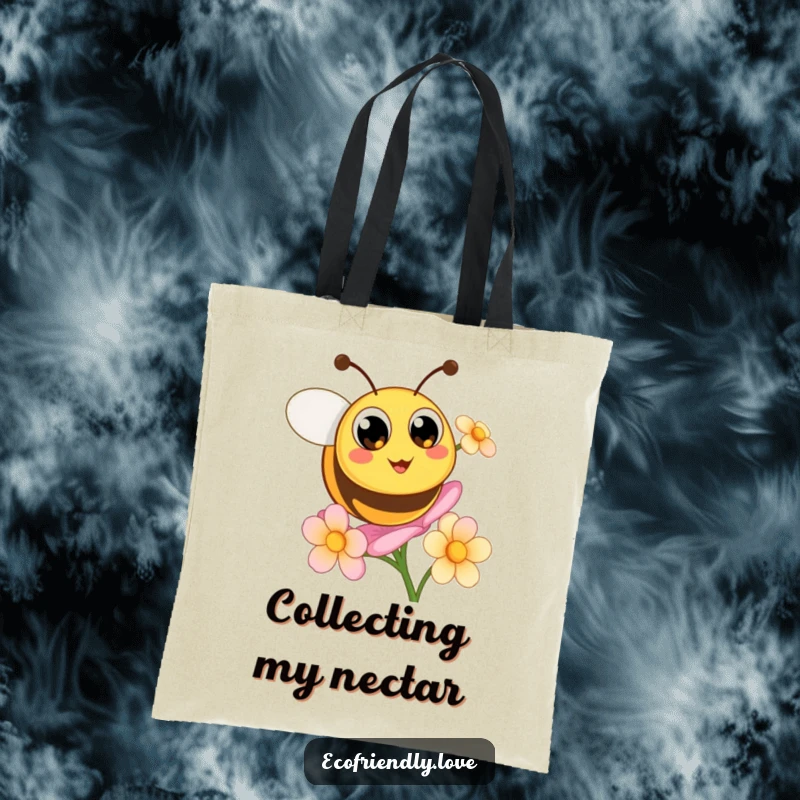 Funny tote bag featuring a happy, round bee character buzzing excitedly around a beautiful blooming flower.