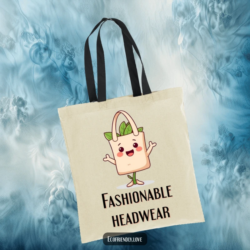 Funny tote bag featuring a happy plant character wearing a reusable tote bag as a hat, perfect for stylish and humorous carrying.