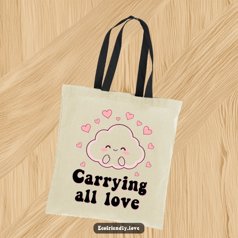 Funny tote bag with a cute cloud character raining tiny red hearts, perfect for carrying items with a dose of playful love.
