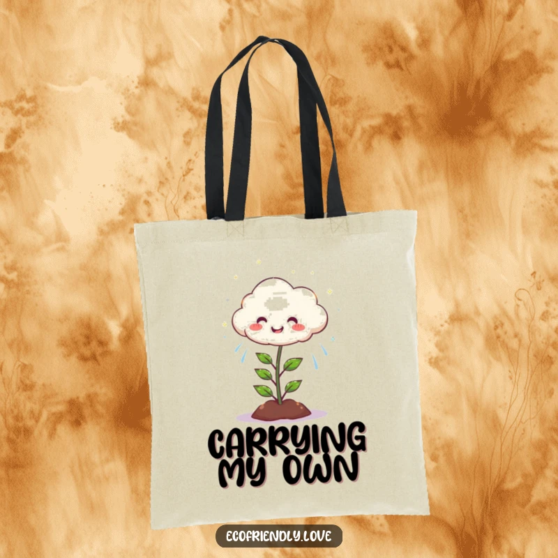 Funny tote bag with a happy cloud character showering a joyful plant with sparkling rain, perfect for happy errands.