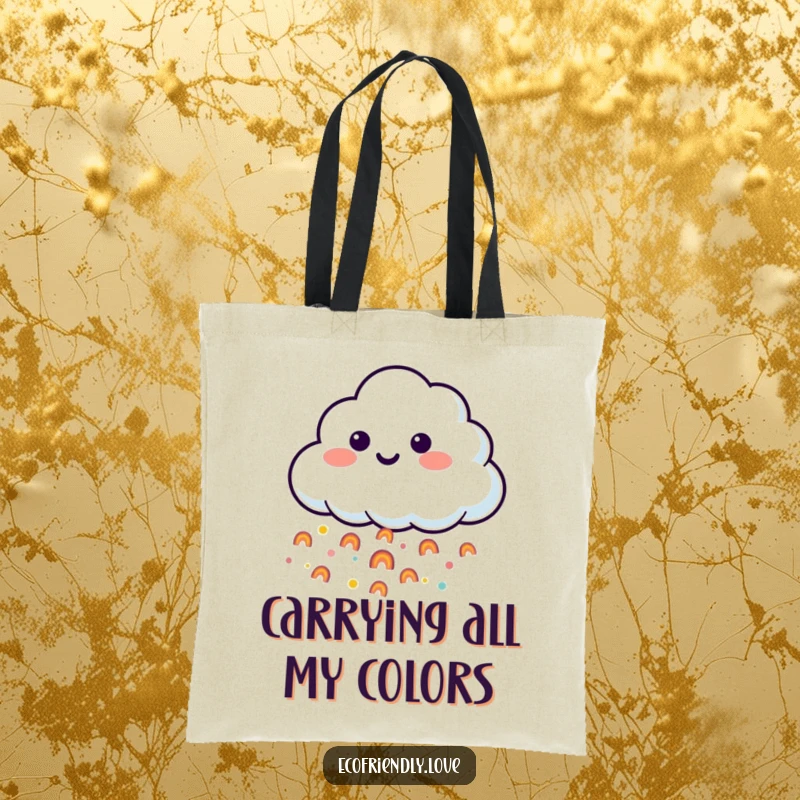 Funny tote bag illustrating a smiling cloud character releasing a stream of tiny, happy rainbows in a downpour, perfect for groceries or books.