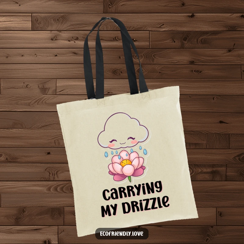 Funny tote bag featuring a giggling cloud character showering a flower with raindrops, perfect for adding a touch of whimsy.