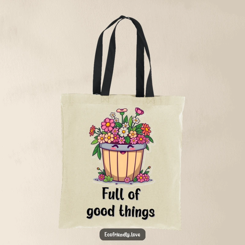 Funny compost bin tote bag, comically overflowing with smiling flowers, perfect for carrying essentials with eco-friendly humor.