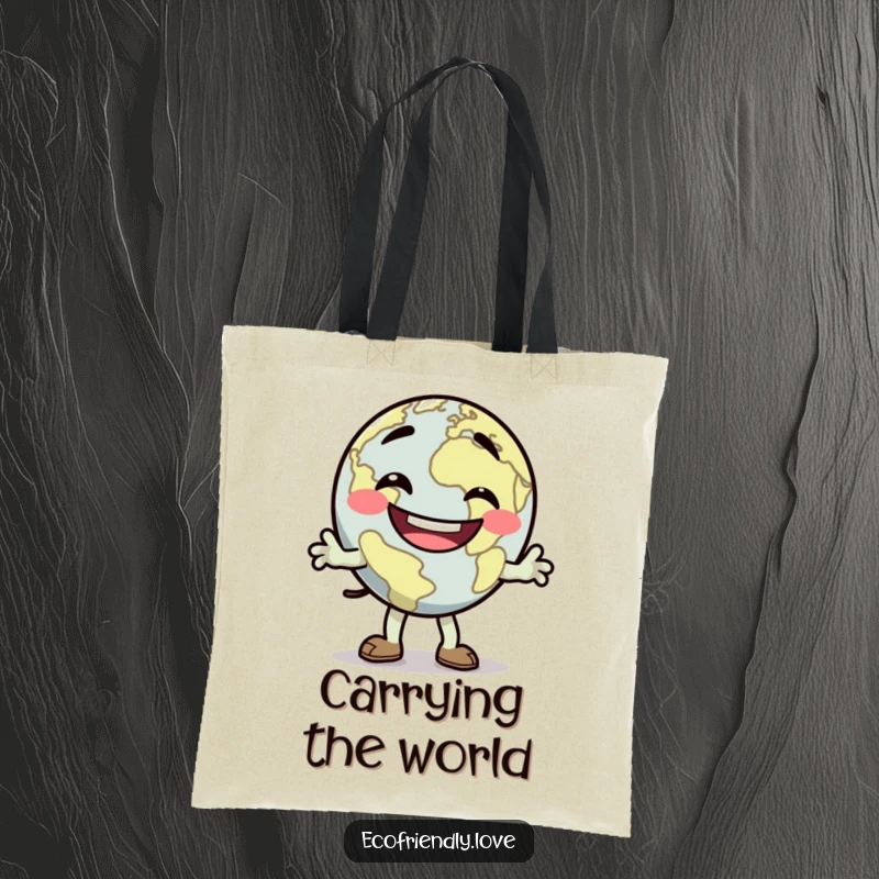 Funny dancing Earth tote bag with a goofy grin, doing a silly jig, a unique and fun accessory, a great funny gift.