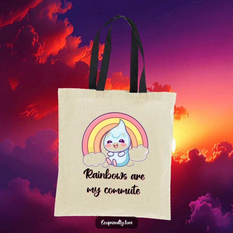 Funny Tote Bag featuring a smiling dewdrop character gleefully descending a vibrant rainbow, ready for everyday adventures.