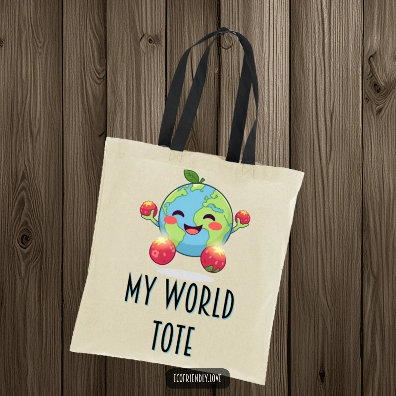 Funny tote bag with a cheerful planet Earth juggling three glowing berries, perfect for carrying essentials with cosmic humor.