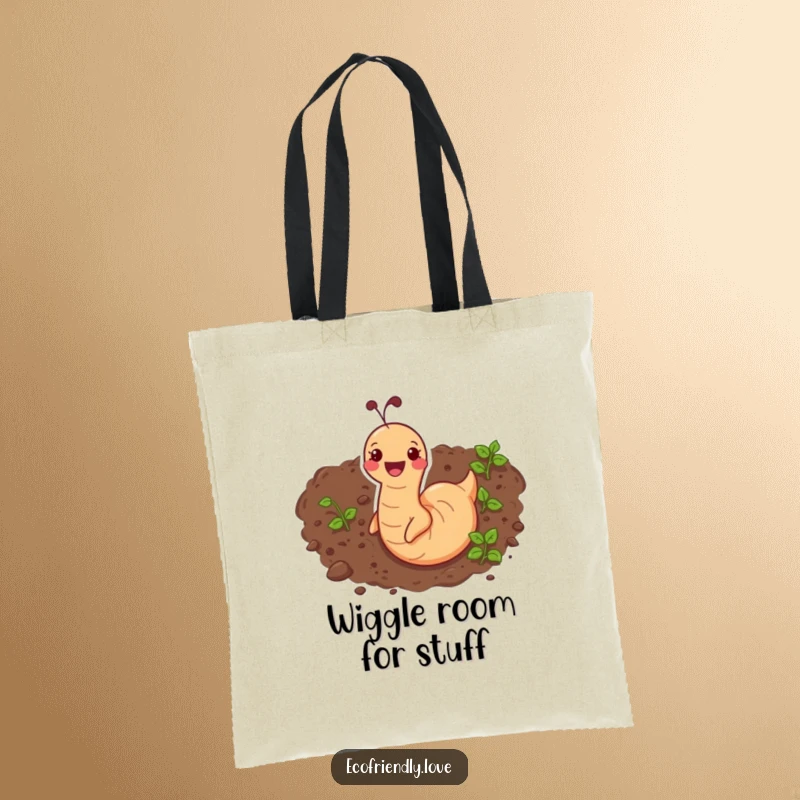 Funny tote bag with a happy earthworm character wiggling through soil, a practical and humorous accessory.