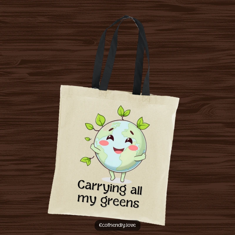 Funny tote bag with a smiling globe character juggling lively green leaves, a practical and humorous accessory for daily use.