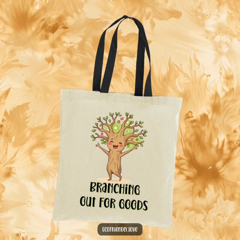 Funny happy tree tote bag showing a cheerful character dancing with branches outstretched, perfect for carrying items with natural charm and humor.