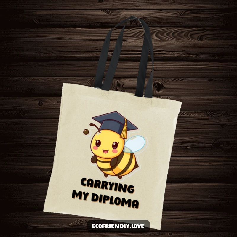 Funny kawaii bee with a graduation cap, buzzing triumphantly on a tote bag, a great humorous accessory.