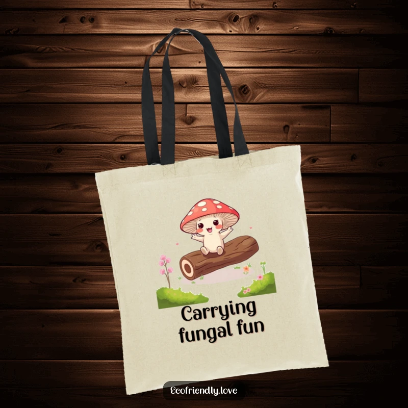 Funny kawaii mushroom dancing a jig on a mossy log on a tote bag, a humorous accessory.