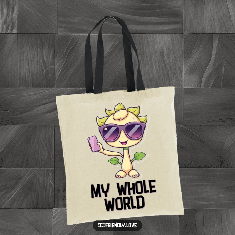 Funny Kawaii Sprout Tote Bag: A cute sprout character wearing oversized sunglasses, humorously taking a selfie, great for shopping.