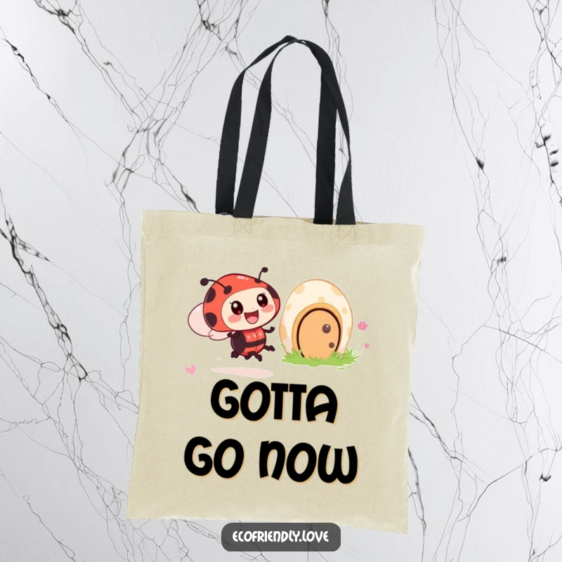 Funny tote bag depicting an excited ladybug character whizzing past a smiling mushroom house in a delightful garden scene.