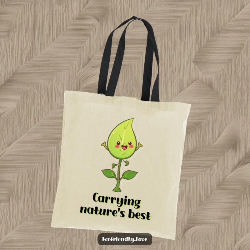 Funny leaf tote bag showing a happy character leaping over a sprout, perfect for carrying daily items with a natural, humorous theme.