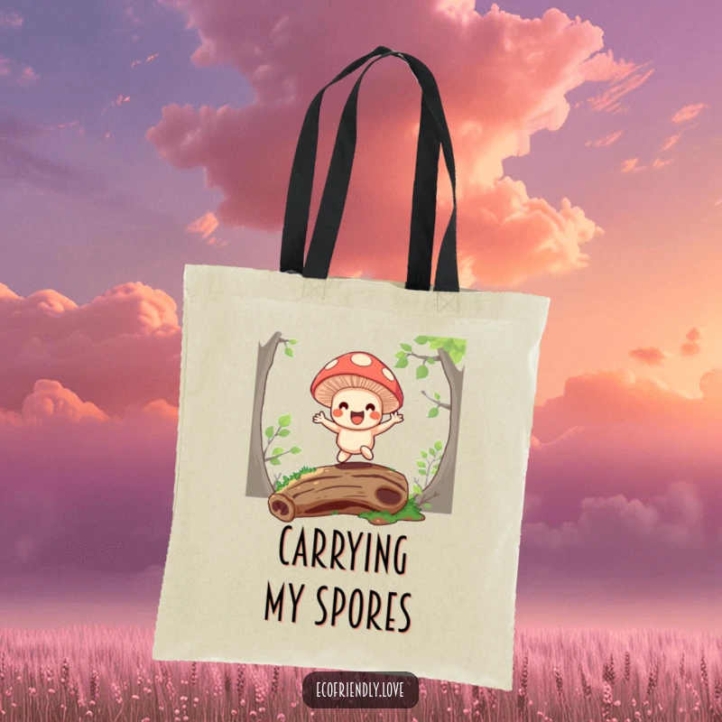 Funny tote bag with a happy mushroom character bouncing on a mossy log, a perfect accessory for nature lovers.