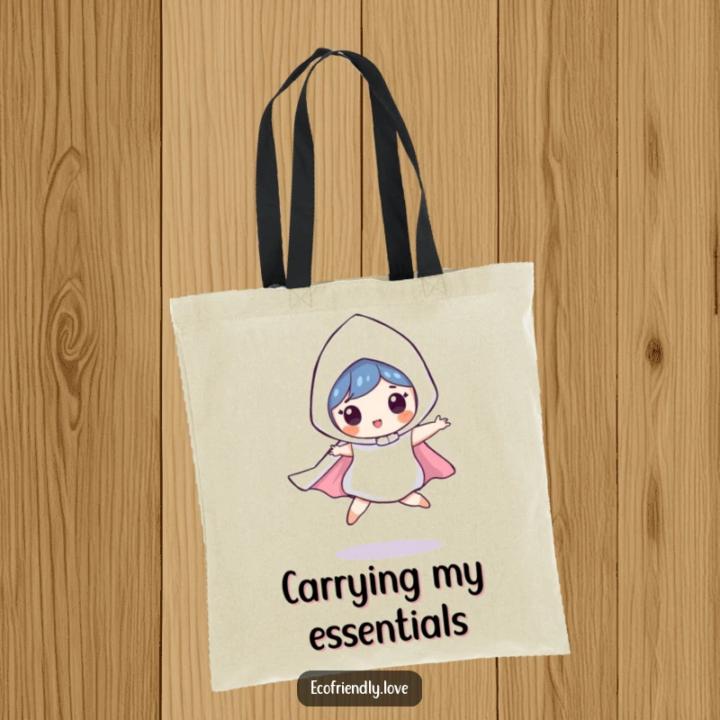 Funny tote bag with a playful raindrop character in a costume, leaping heroically, perfect for carrying groceries or daily essentials with a smile.