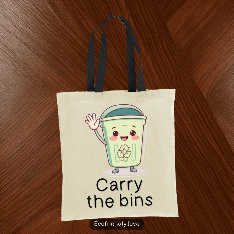 Funny tote bag with a friendly recycling bin character waving hello, promoting sustainability with a smile.