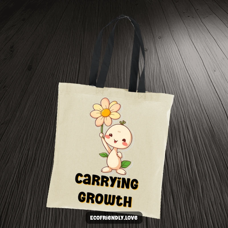 Funny tote bag with a seedling character proudly holding a blooming flower, perfect for carrying items and celebrating personal growth.