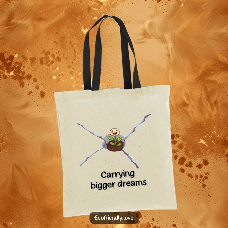 Funny seedling tote bag illustrating a joyful plant cracking through pavement, an emblem of strength and new starts.