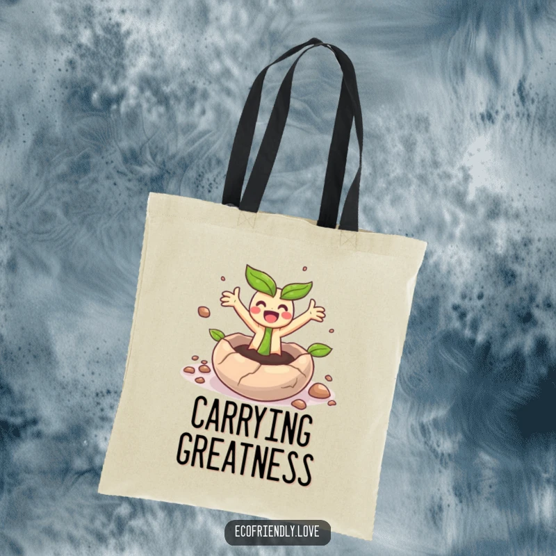 Funny tote bag showing a small sprout character erupting from a seed with arms flung wide in surprise.