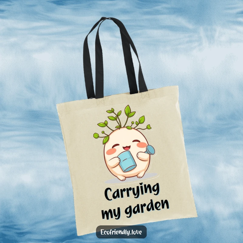 Funny tote bag featuring a round, giggling sprout with green leaves, holding a watering can, perfect for plant lovers and humor enthusiasts.