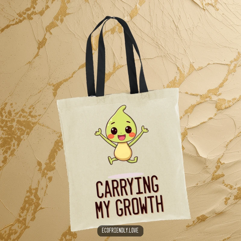 Funny Tote Bag: A smiling sprout character jumping for joy, perfect for carrying items with a dose of happiness.