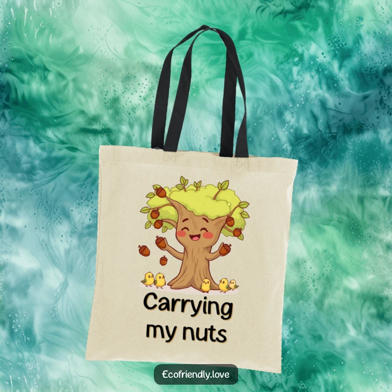 Funny tree character juggling acorns while a flock of tiny birds watches attentively, printed on a charming and funny tote bag.