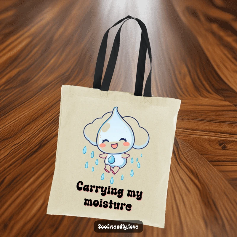 Funny Tote Bag: A water droplet character gleefully slides down a rain cloud, perfect for carrying daily essentials with a splash of humor, a funny gift.