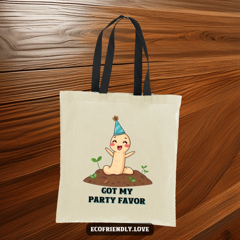 Funny Tote Bag with a delighted earthworm in a party hat popping out of the earth, making every carry fun.