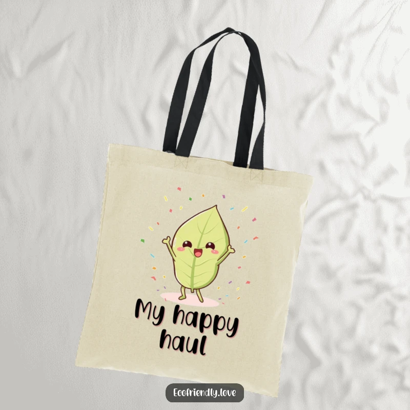 Funny Leaf Tote Bag: A kawaii leaf character humorously doing a victory dance amongst confetti, ideal for carrying celebratory items.
