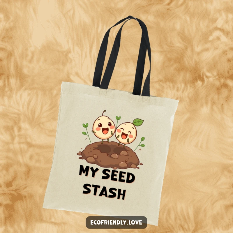 Funny tote bag with two round, giggling seeds bouncing excitedly in an open soil patch, perfect for carrying items with garden humor.