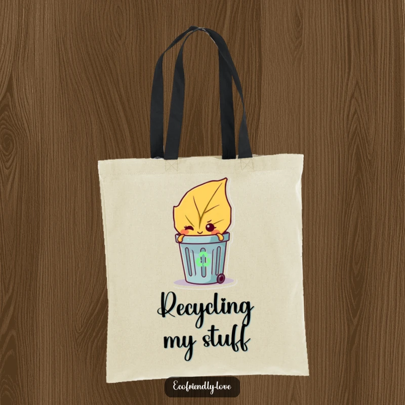 Funny tote bag featuring a mischievous leaf peeking from a recycling bin, offering a sly wink.